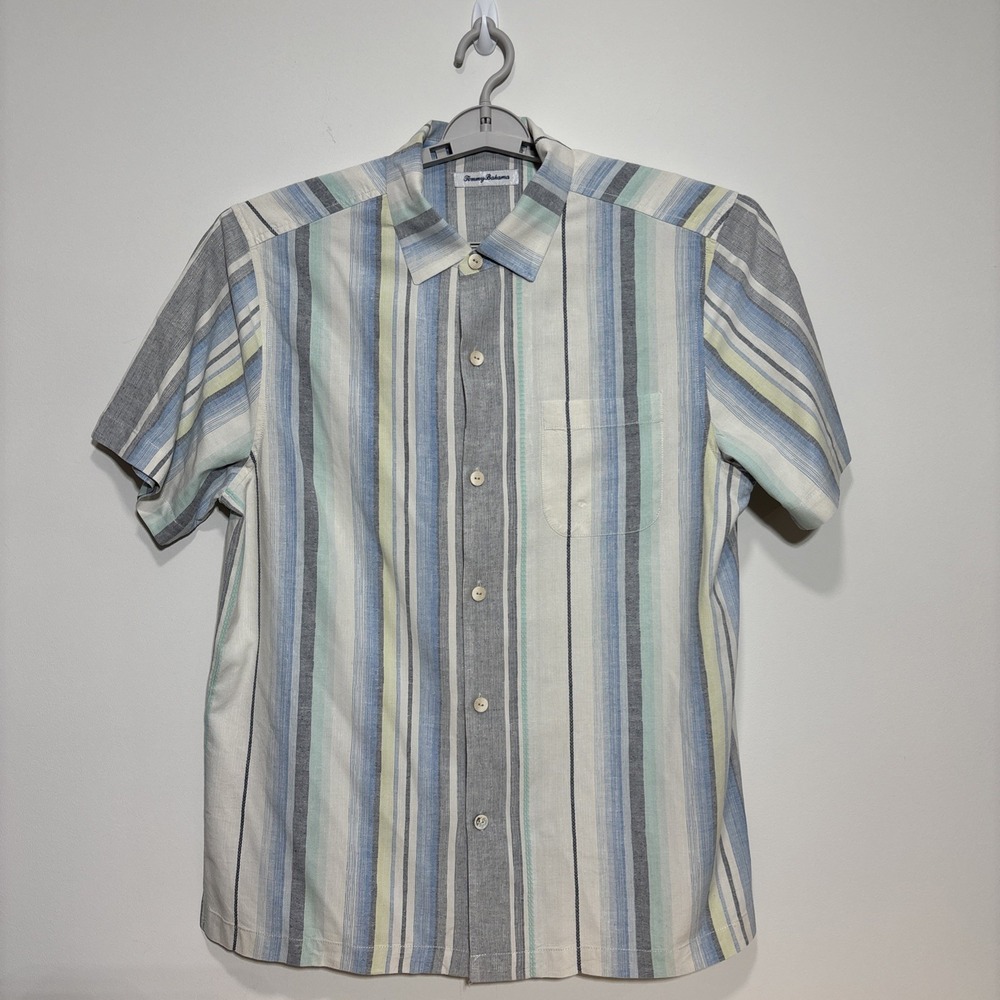 Tommy Bahama Button Down Shirt Large Blue Striped 100% Silk Short Sleeve‎ Camp